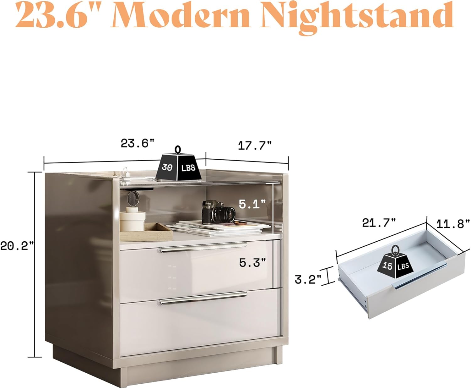 AMERLIFE High Gloss Dresser Set, 3 Piece Bedroom Furniture Set, 8 Drawer Dresser with LED Light & 2 Nightstands with Charging Station, Modern UV Finish, Bedroom Storage Organizer, Cream & Grey