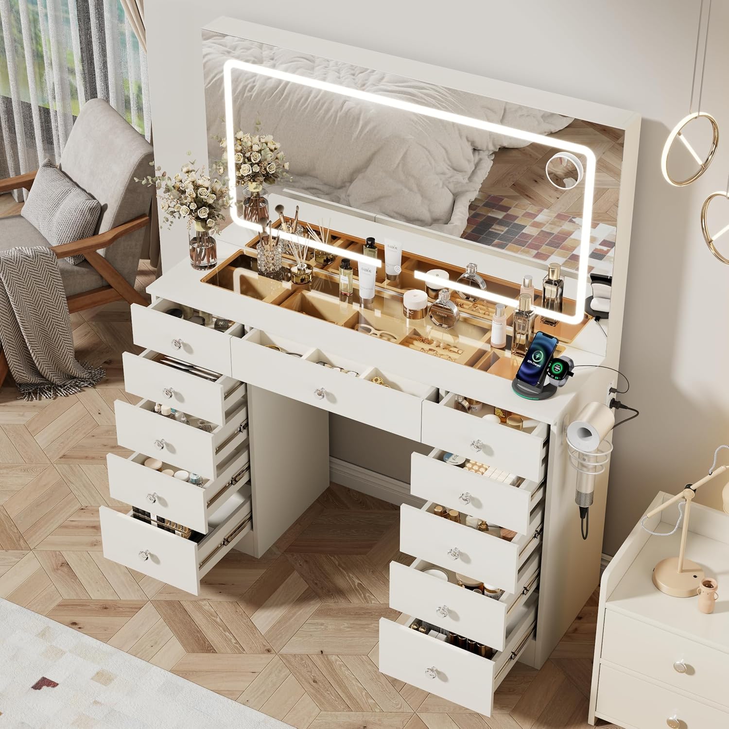 Otterease White Makeup Vanity, 11 Drawers Vanity Mirror with Lights, Makeup Vanity Desk with 3 Lighting Modes Adjustable Brightness, Vanity with Glass Top for Bedroom