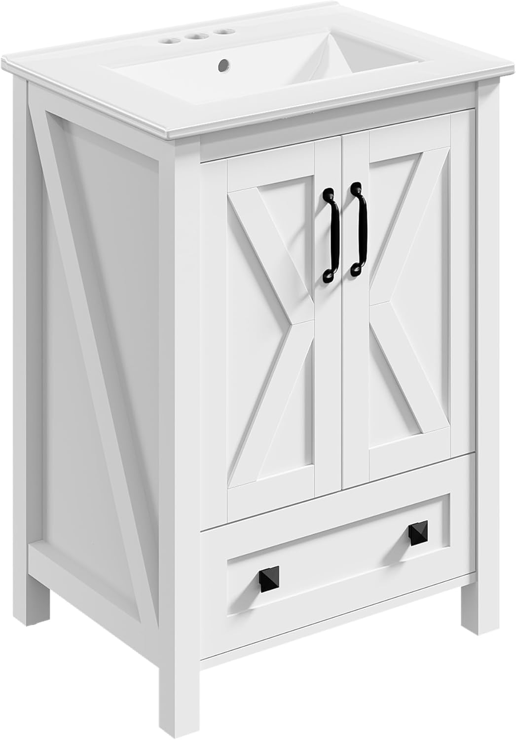 Garvee 24" Bathroom Vanity with Ceramic Sink, Freestanding Vanity with Soft-Close Doors & Storage Drawer, Modern Bathroom Sink Cabinet for Small Space, White