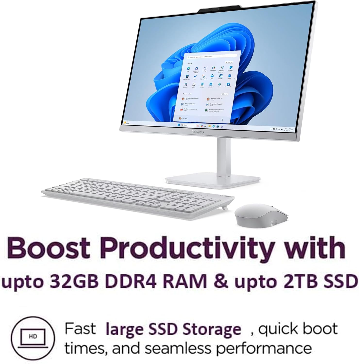 Lenovo 24" FHD All-in-One Desktop Computer for Home & Office, Intel Processor, 16GB RAM, 128GB PCIe SSD, Business AIO, Vent-Hear, HDMI, Bluetooth 5.2, Wireless Keyboard & Mouse, Win 11
