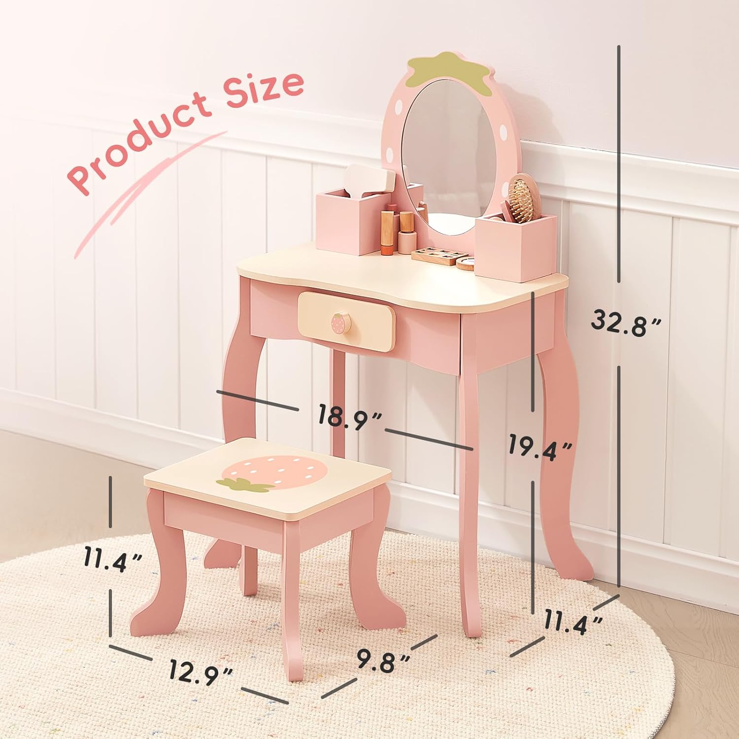 OOOK Toddler Vanity for 3 Year Old, Kids Vanity with Pretend Makeup Accessories, Makeup Table for Kids with Drawer, Pink
