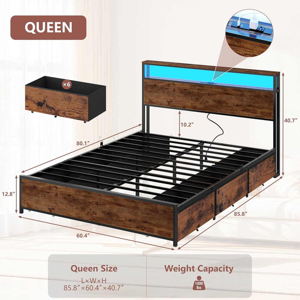 Forestell Queen Bed Frame with Headboard & 6 Drawers, Metal Platform Bed Frame Queen Size with Charging Station,LED Lights,2 Tier Shelf Storage Bedframe-No Box Spring Needed,Noise Free,Rustic Brown
