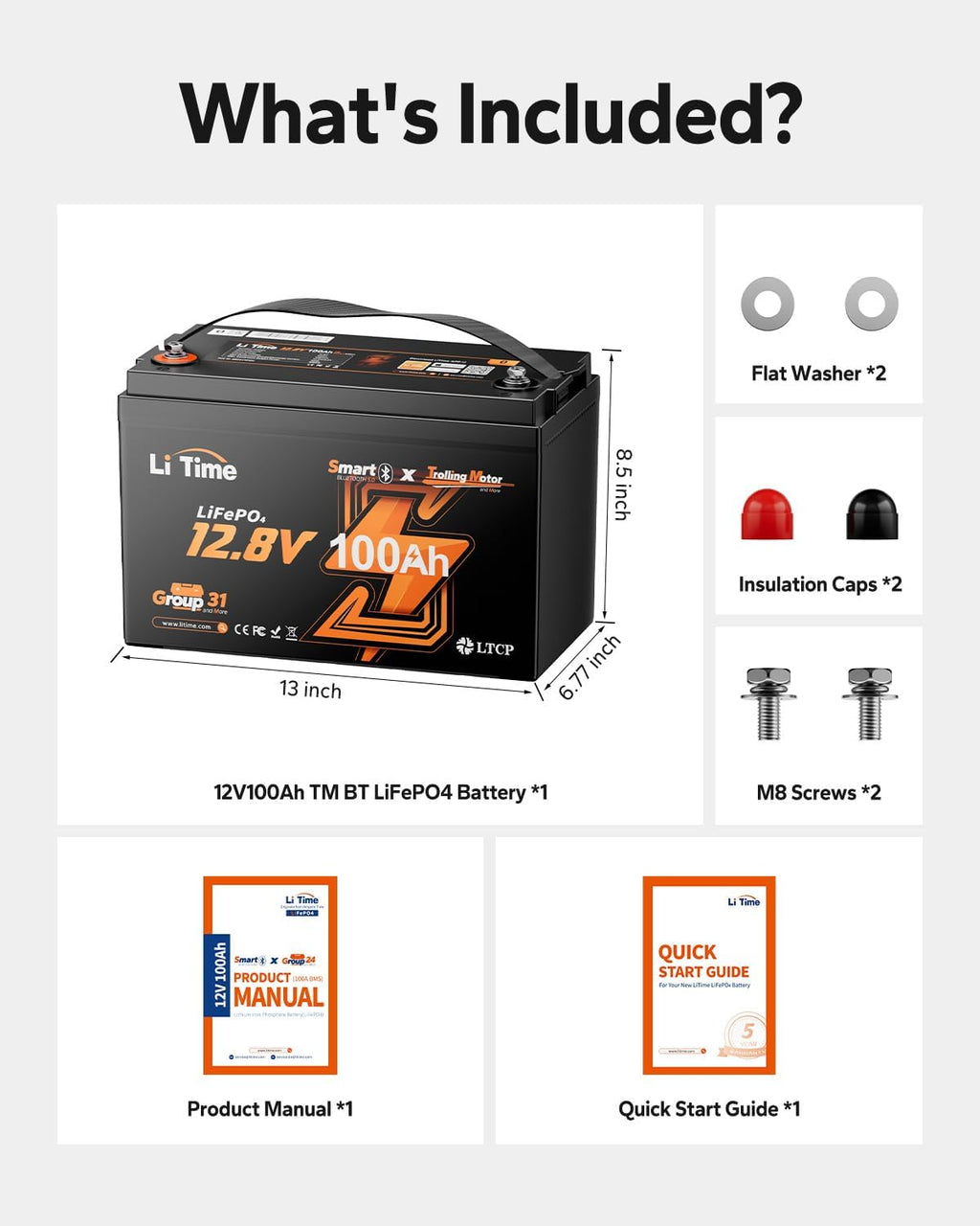 Litime 12V 100Ah Trolling Motors LiFePO4 Battery (Group 31), 12 Volt Bluetooth Lithium Batteries, Max. 15000 Deep Cycle (at 60% DOD), 100A BMS, Low-Temp Protection for Marine, Boat, Yacht, RV, Solar