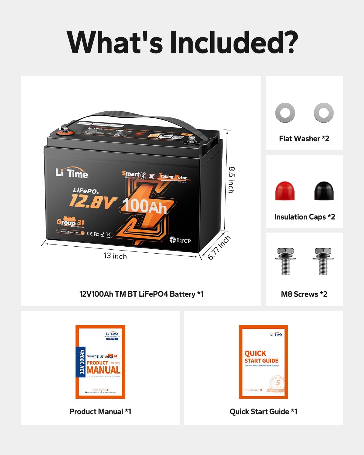 Litime 12V 100Ah Trolling Motors LiFePO4 Battery (Group 31), 12 Volt Bluetooth Lithium Batteries, Max. 15000 Deep Cycle (at 60% DOD), 100A BMS, Low-Temp Protection for Marine, Boat, Yacht, RV, Solar
