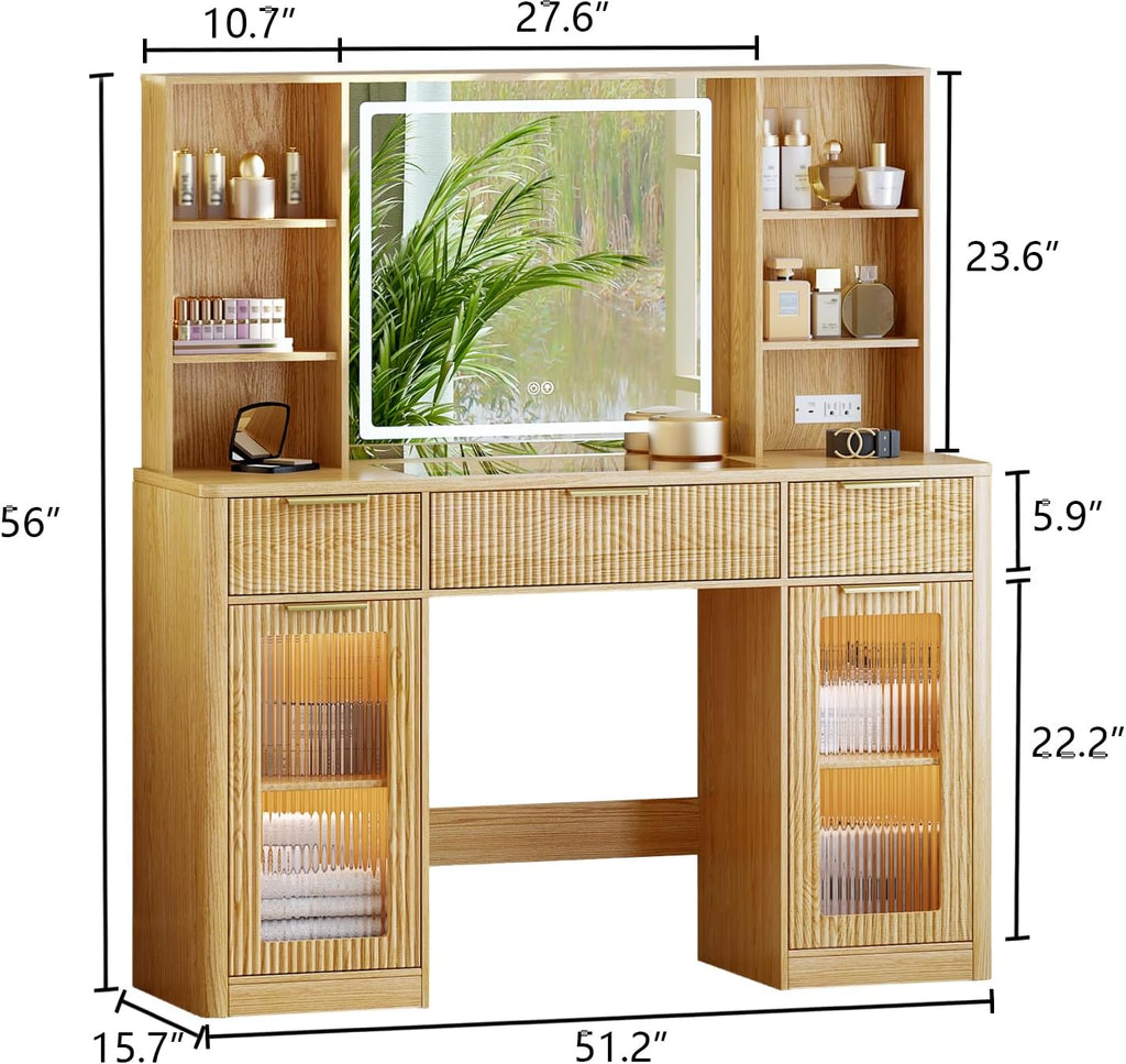 51" Large Vanity,Modern Fluted Makeup Vanity Desk with Mirror and Lights, Glass Top Vanity with 3 Drawers and 2 Cabinets&Charging Station,Dressing Table for Women and Girls' bedrooms. Oak