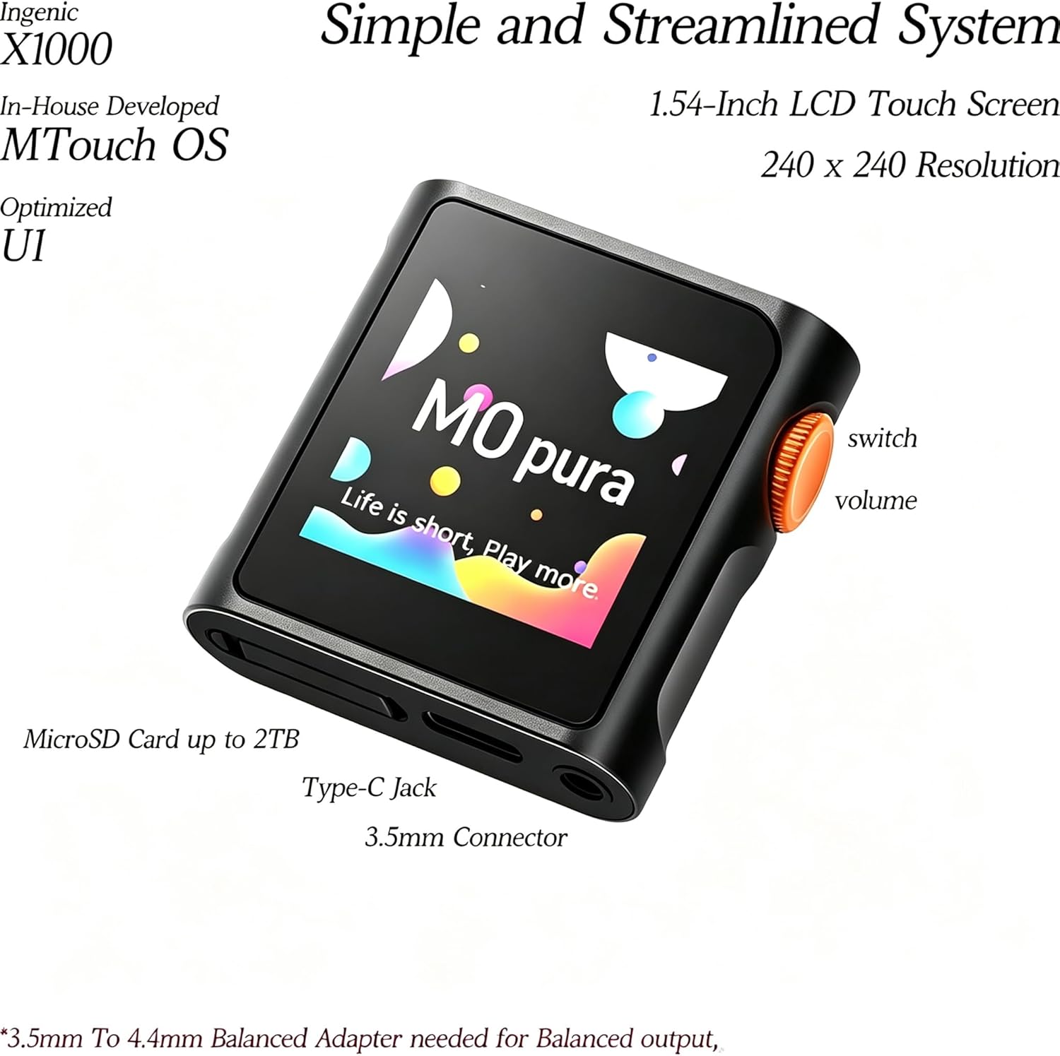 SHANLING M0 Pura Hi-Res MP3 Music Player with Bluetooth 5.0,Portable Digital Audio Player DAP Player, 2X CS43131 DAC,APP Control,LDAC/SBC/AAC,3.5mm/Type-C Jack,384kHz /32bit,250mW@32Ω,MTouch OS, Black