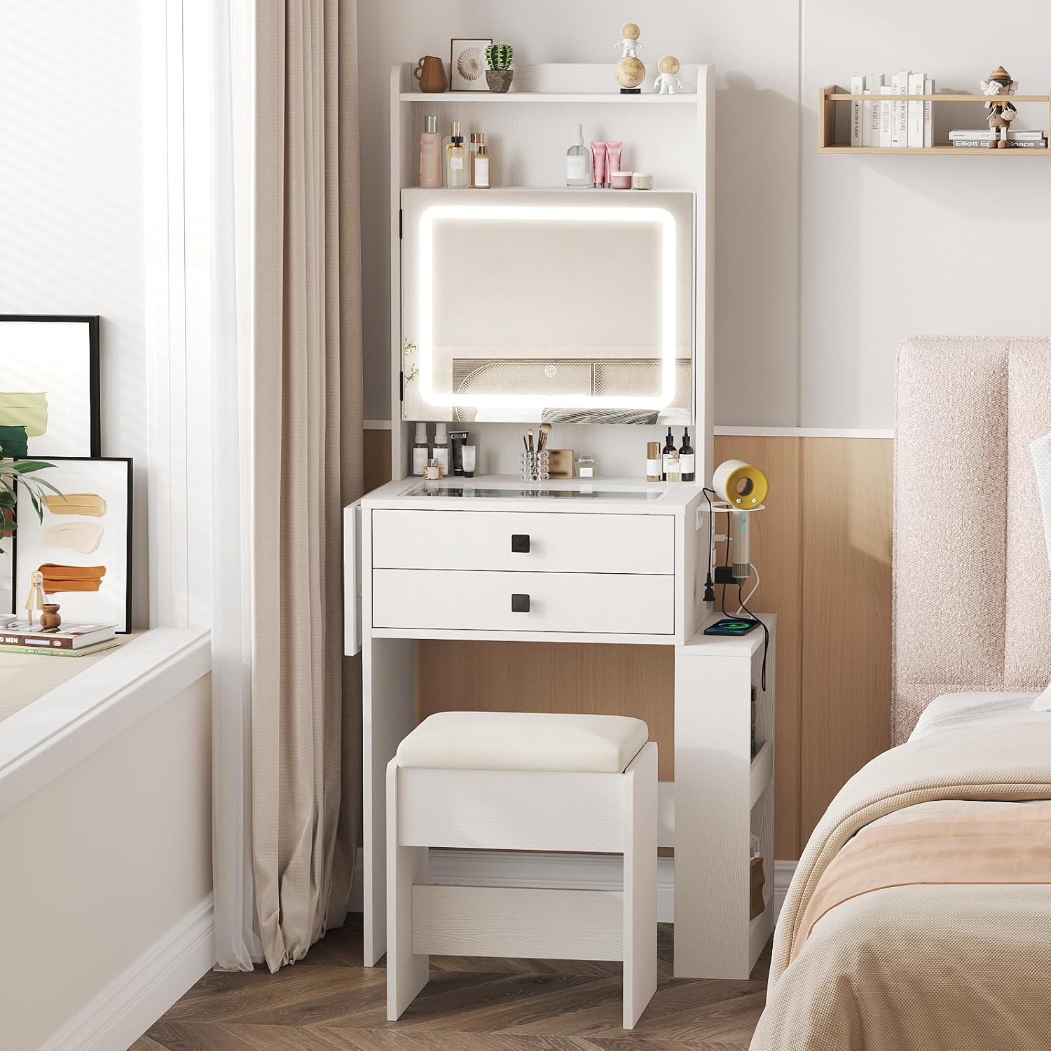 Vabches Small Makeup Vanity Desk with 3 Adjustable Lighted Mirror, White Vanity Set with Fold-up Panel and Charging Station, Glass Top Dressing Table with Drawers and Chair, 2 Hidden Storage Shelves