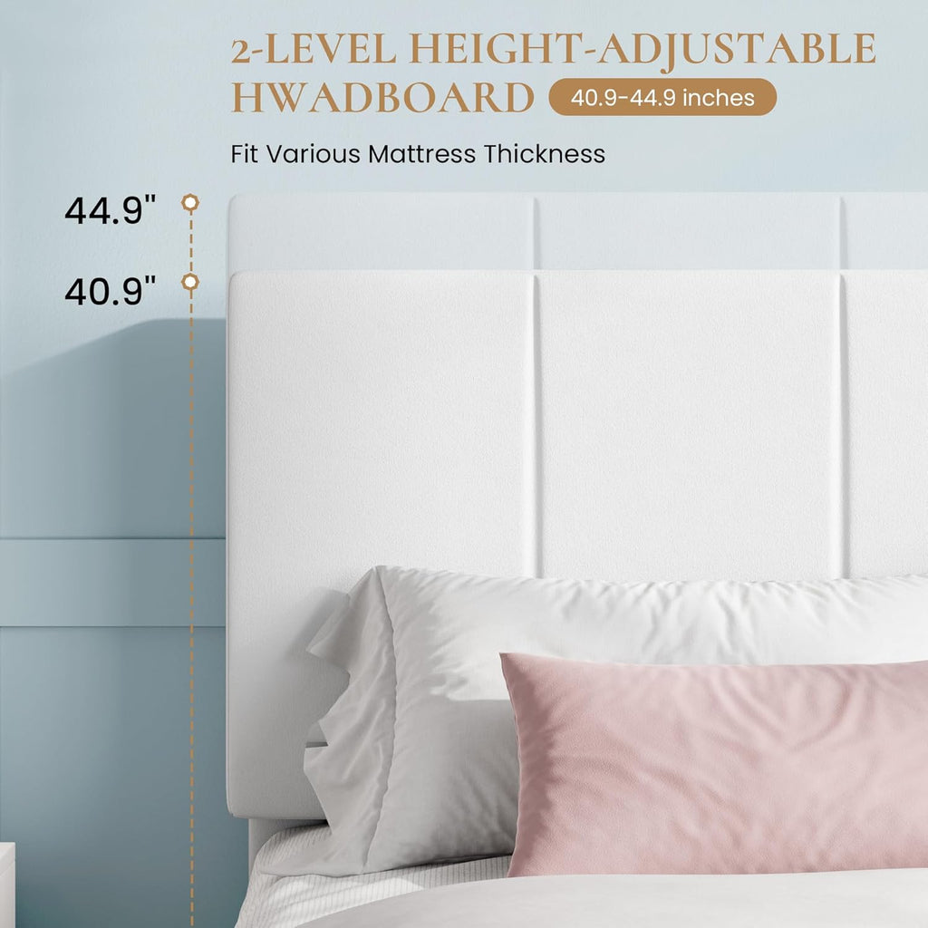 SHA CERLIN Full Size Bed Frame, Velvet Upholstered Platform Bed, Vertical Channel Tufted Adjustable Headboard, Low Profile Bed Frame, No Box Spring Needed, Easy Assembly, White