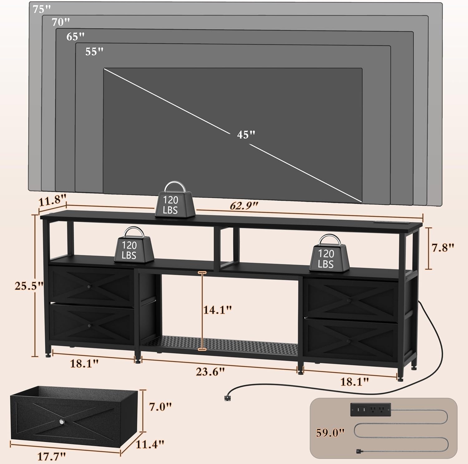 JUSTOGO TV Stand with Fabric Drawers for 65 70 75 Inches TV - Entertainment Center with Open Storage Shelf, Power Outlets & LED Lights for Living Room, Bedroom, 63" TV Console Media Console, Black