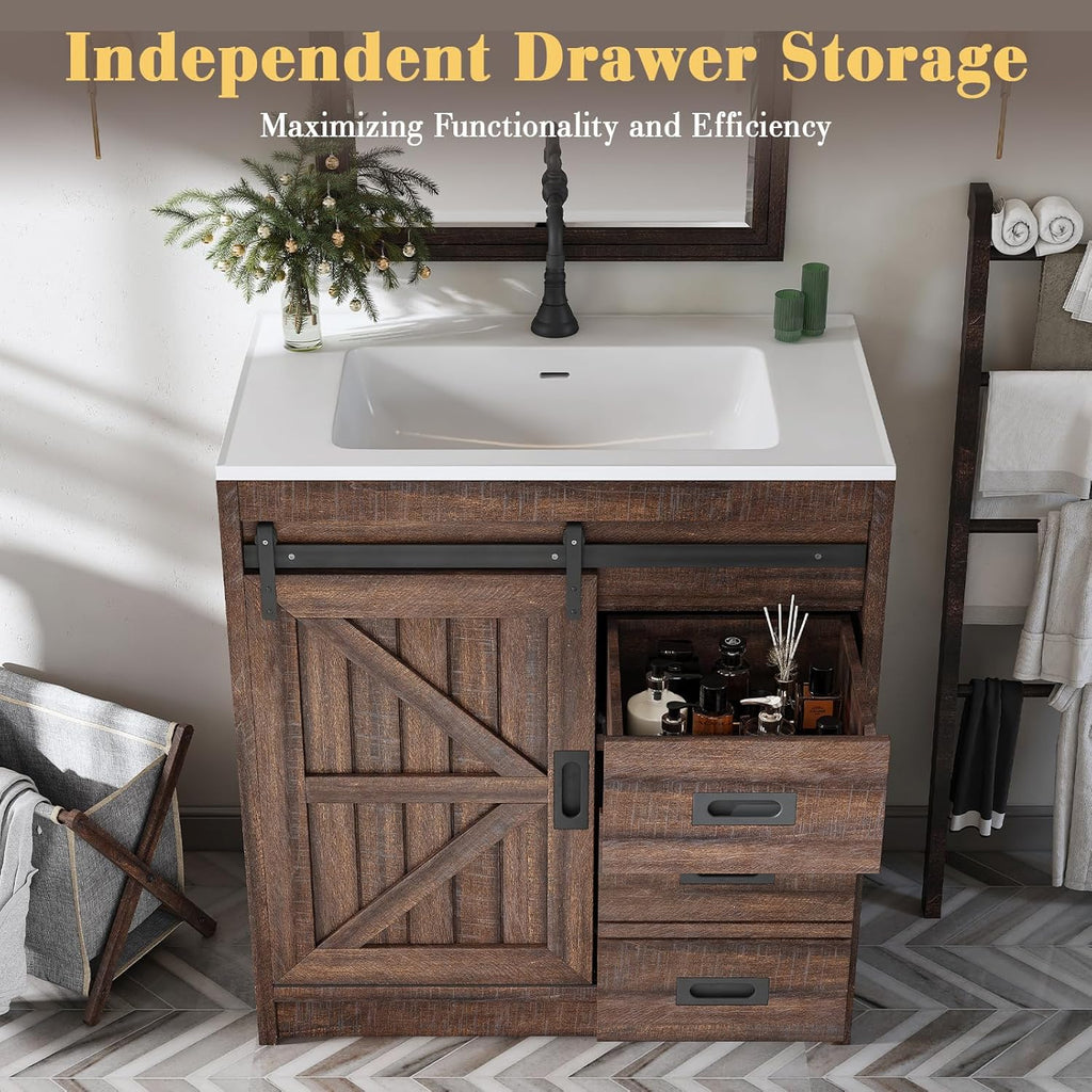 LUXOAK 30" Farmhouse Sliding Barn Door Bathroom Vanity with Sink Combo, Bathroom Vanity Cabinet with Drawers & Metal Handles, Freestanding, Reclaimed Barnwood