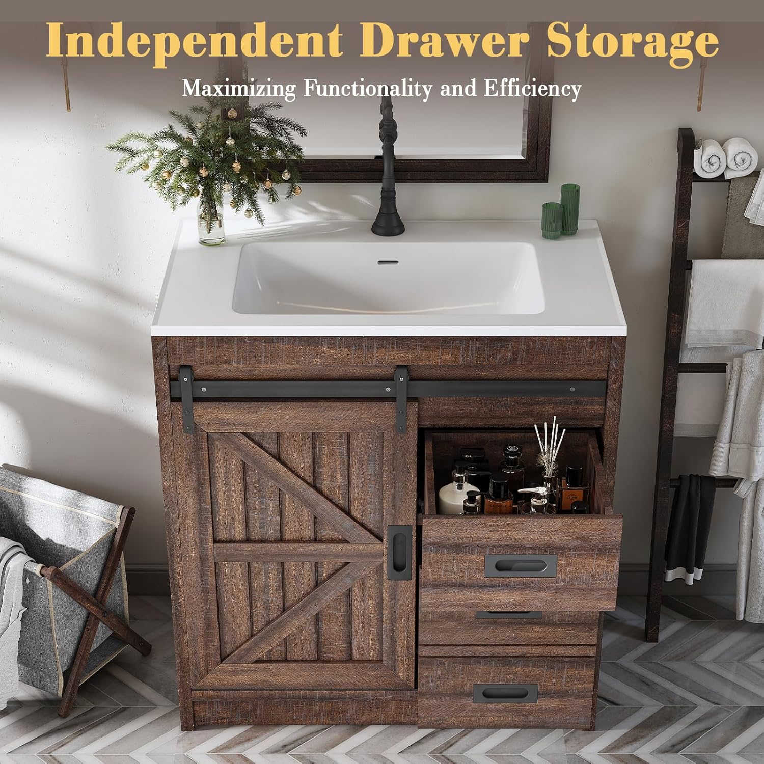 LUXOAK 30" Farmhouse Sliding Barn Door Bathroom Vanity with Sink Combo, Bathroom Vanity Cabinet with Drawers & Metal Handles, Freestanding, Reclaimed Barnwood