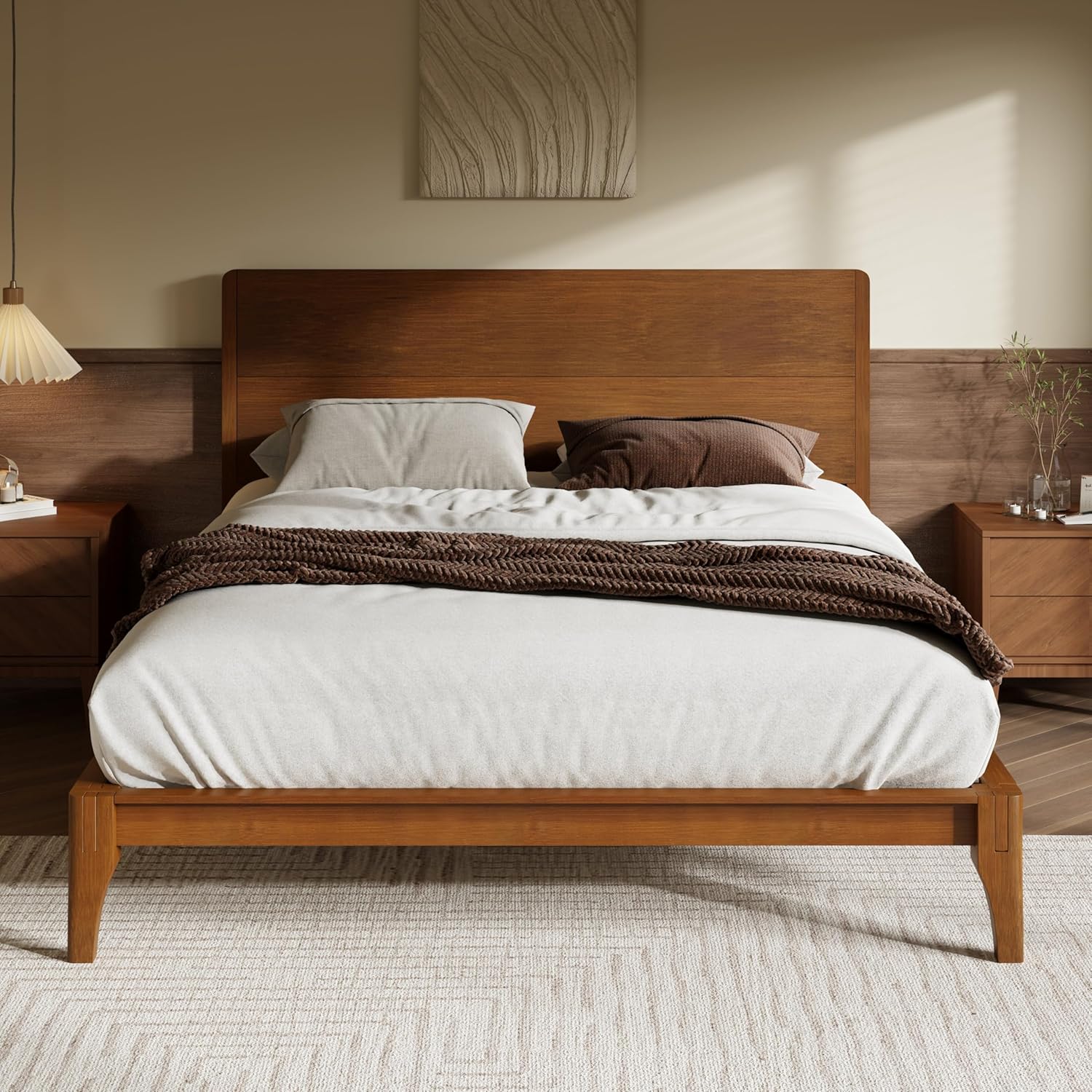 Merax 3 Pieces Bamboo Bedroom Sets, Mid-Century Modern King Size Platform Bed with Tall Headboard, Storage Drawer Night Stands Set, Wood Slats Support, No Box Spring Needed, Easy Assembly, Brown