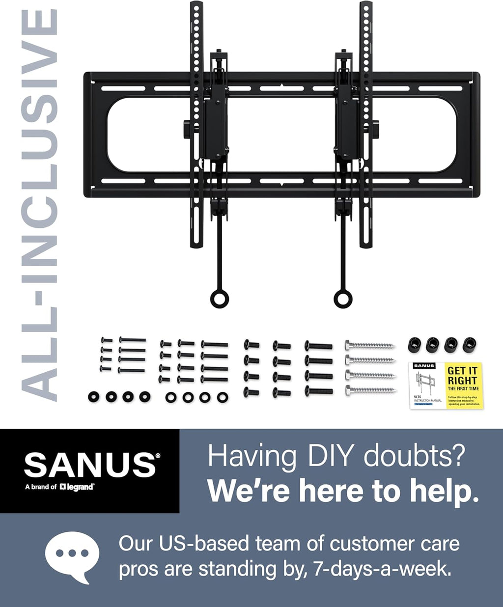 SANUS Tilting TV Wall Mount for 46" - 90” TVs or 150lbs - Premium Tilt Mount w/Universal Fit - Smooth 5.7" Extension Allows for Cable Management - Includes Hardware & Drill Template for Easy Install
