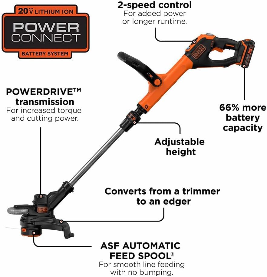 BLACK+DECKER 20V MAX 12 Inch Weed Eater Cordless String Trimmer and Wheeled Edger Lawn Tool with Spool, 2.5Ah Battery and Charger Included, Lightweight, 2 Speed PowerDrive (LST522)