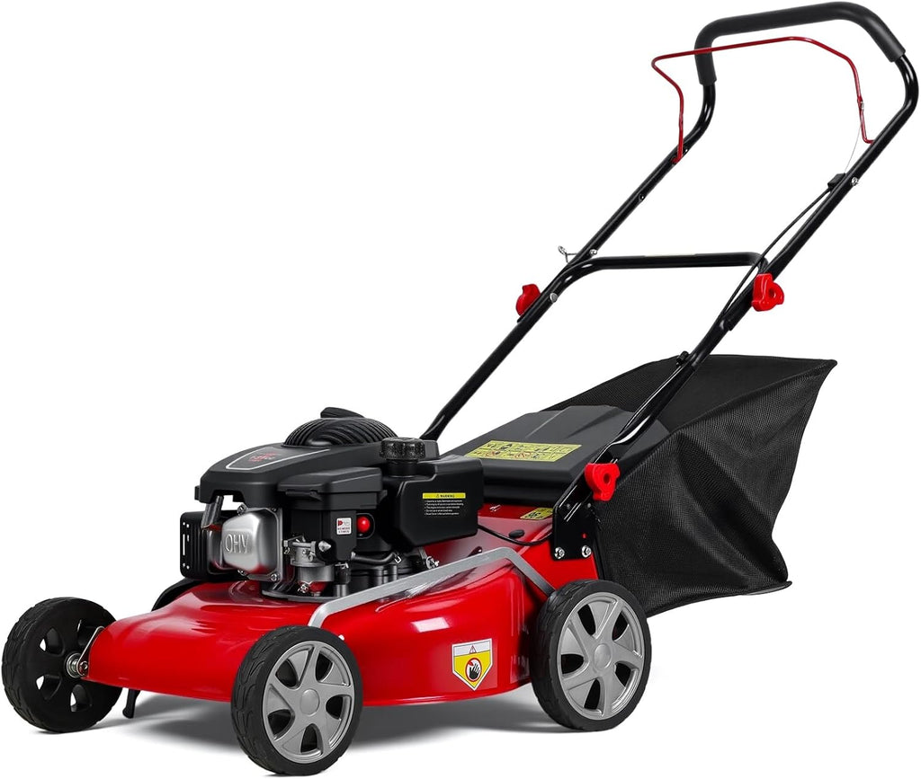 18" Lawn Mowers, 3 in 1 Self-Propelled Cordless Lawn Mower, 131cc Walk-Behind Push Gas Lawn-Mower with 50L Grass Bag, Heavy-Duty Gas Powered Lawnmower for Gardening Care Lawns Maintenance Yard Trimme