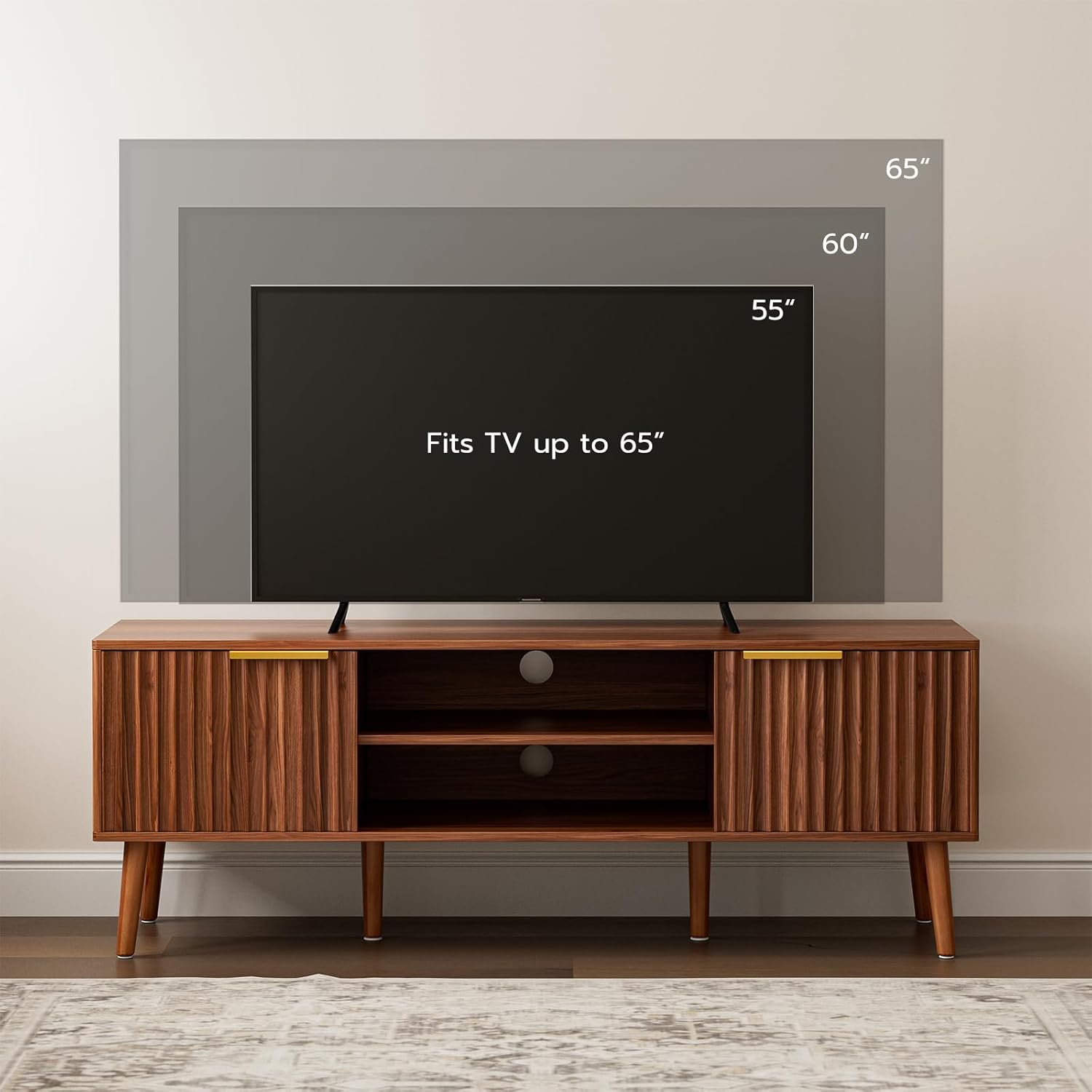 LCRBOL TV Stand for Living Room, Mid Century Modern Entertainment Center for 55/60 inch TVs, TV Console with Fluted Door Cabinets and Open Shelves, for Bedroom, Walnut
