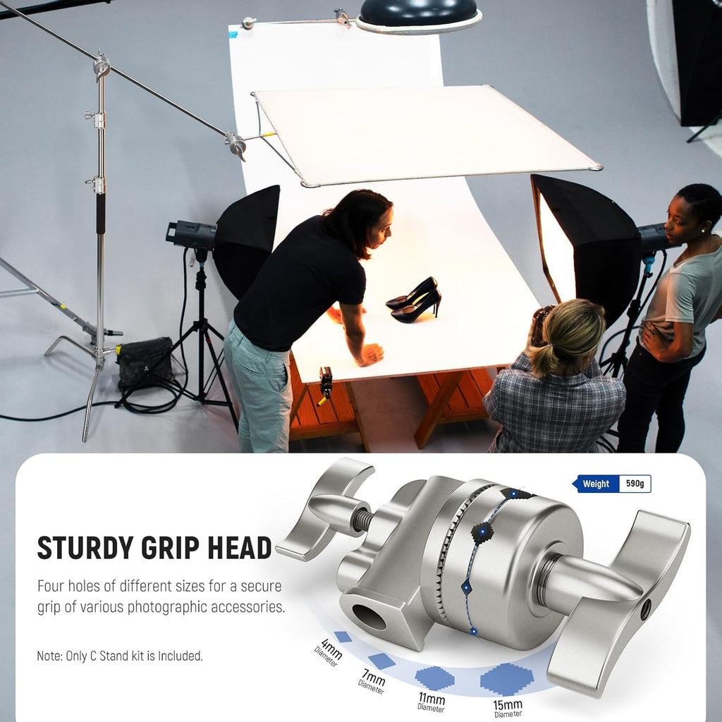 NEEWER Basics 100% Stainless Steel Heavy Duty C Stand with Boom Arm, Max 10.5ft/320cm Photography Light Stand, 4.2ft/128cm Holding, 2 Grip Heads for Studio Monolight Softbox Reflector, SC320 Lite