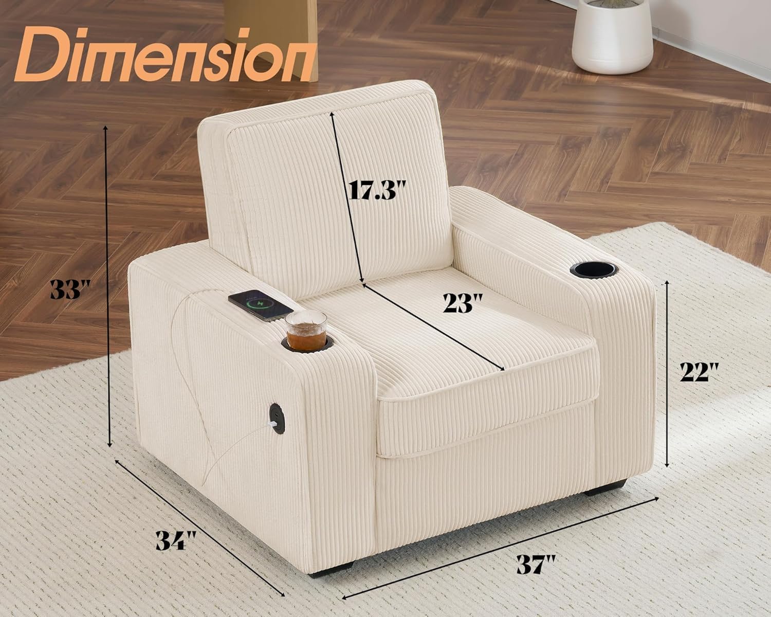 AMERLIFE Corduroy Sofa Chair, Modern Comfy Accent Chair with Cup Holders & USB Ports, Upholstered Living Room Chair, Beige