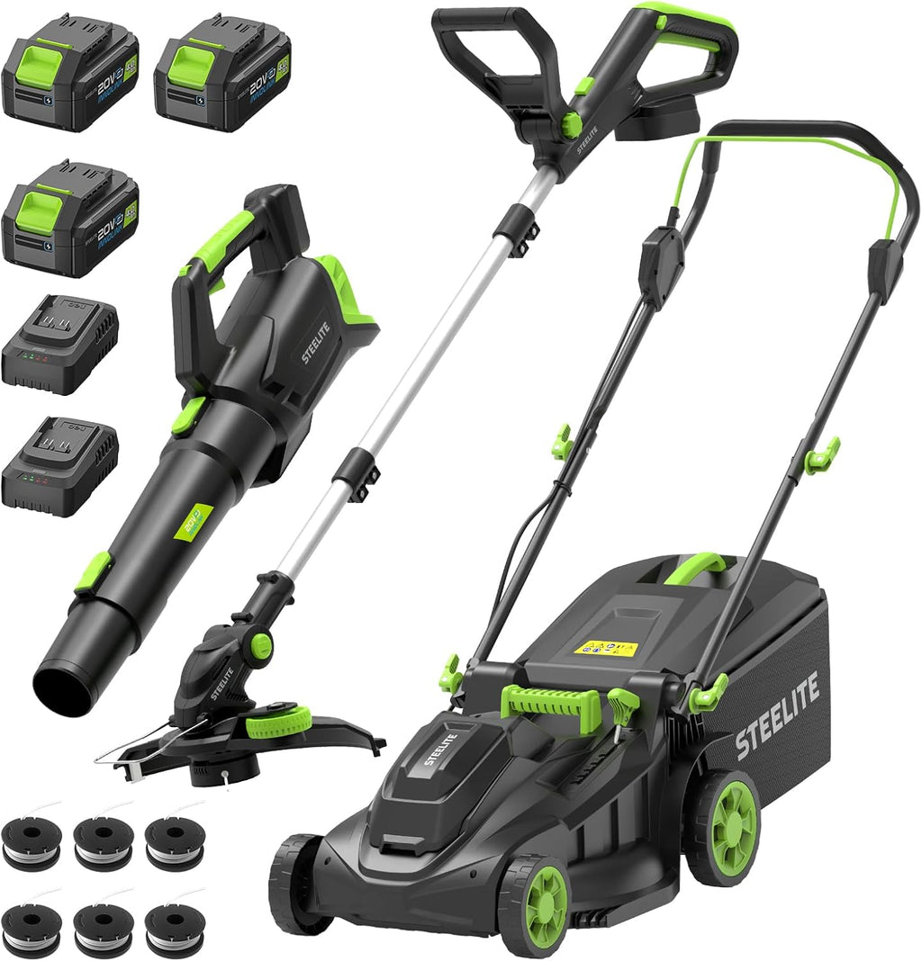 STEELITE 40V 17" Electric Lawn Mower & 12" String Trimmer & 500CFM Leaf Blower Combo Set, 3-in-1 Yard Care Kit with 3x4.0Ah Batteries & Dual Chargers