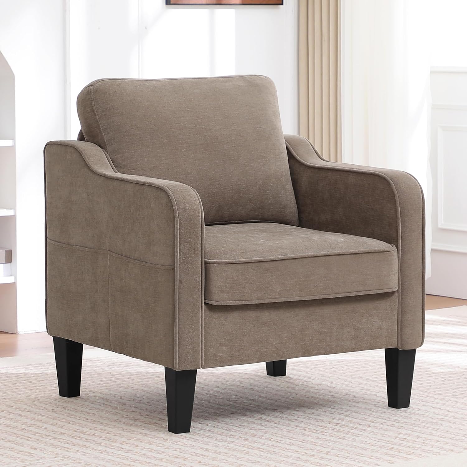 Accent Chairs Set of 2, Upholstered Living Room Chair with Side Pockets, Mid Century Modern Reading Chair for Bedroom, Comfy Armchair Single Sofa Side Chair for Office, Small Room, Brown
