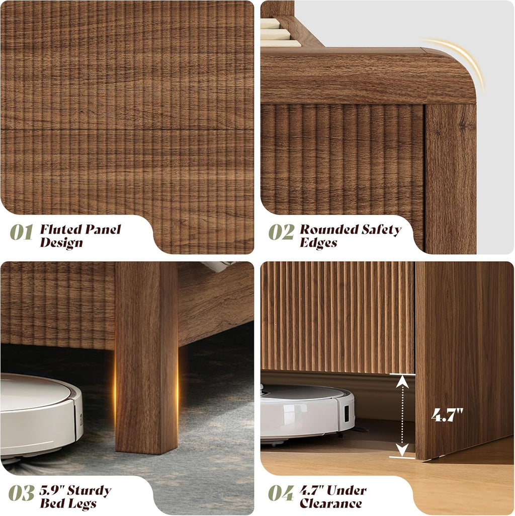 AMERLIFE 3-Piece Modern Fluted Bedroom Furniture Set, Including Wood Full Size Bed Frame with Headboard & Footboard and Storage Night Stand Set of 2, Wooden Bedframe and Nightstand Sets, Walnut
