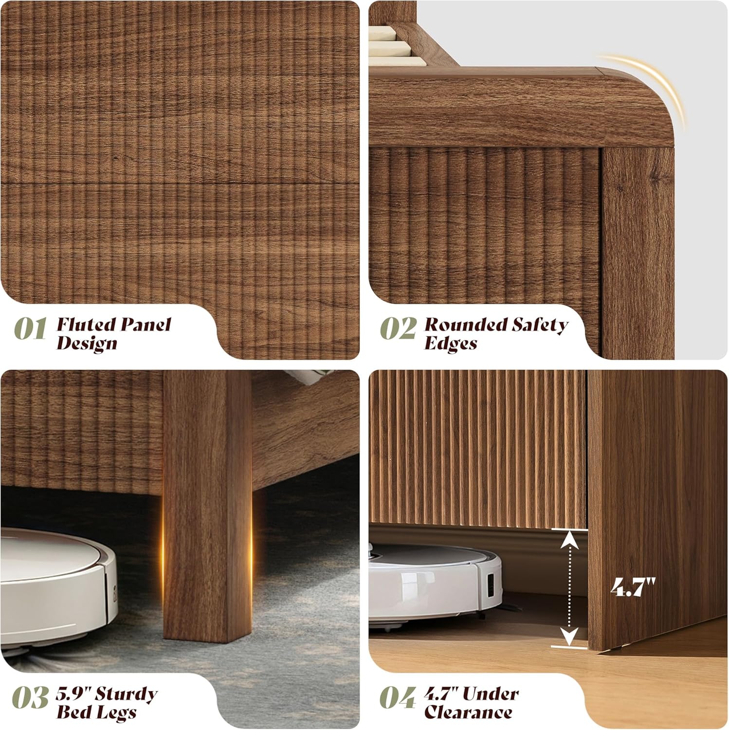 AMERLIFE 3-Piece Modern Fluted Bedroom Furniture Set, Including Wood Full Size Bed Frame with Headboard & Footboard and Storage Night Stand Set of 2, Wooden Bedframe and Nightstand Sets, Walnut