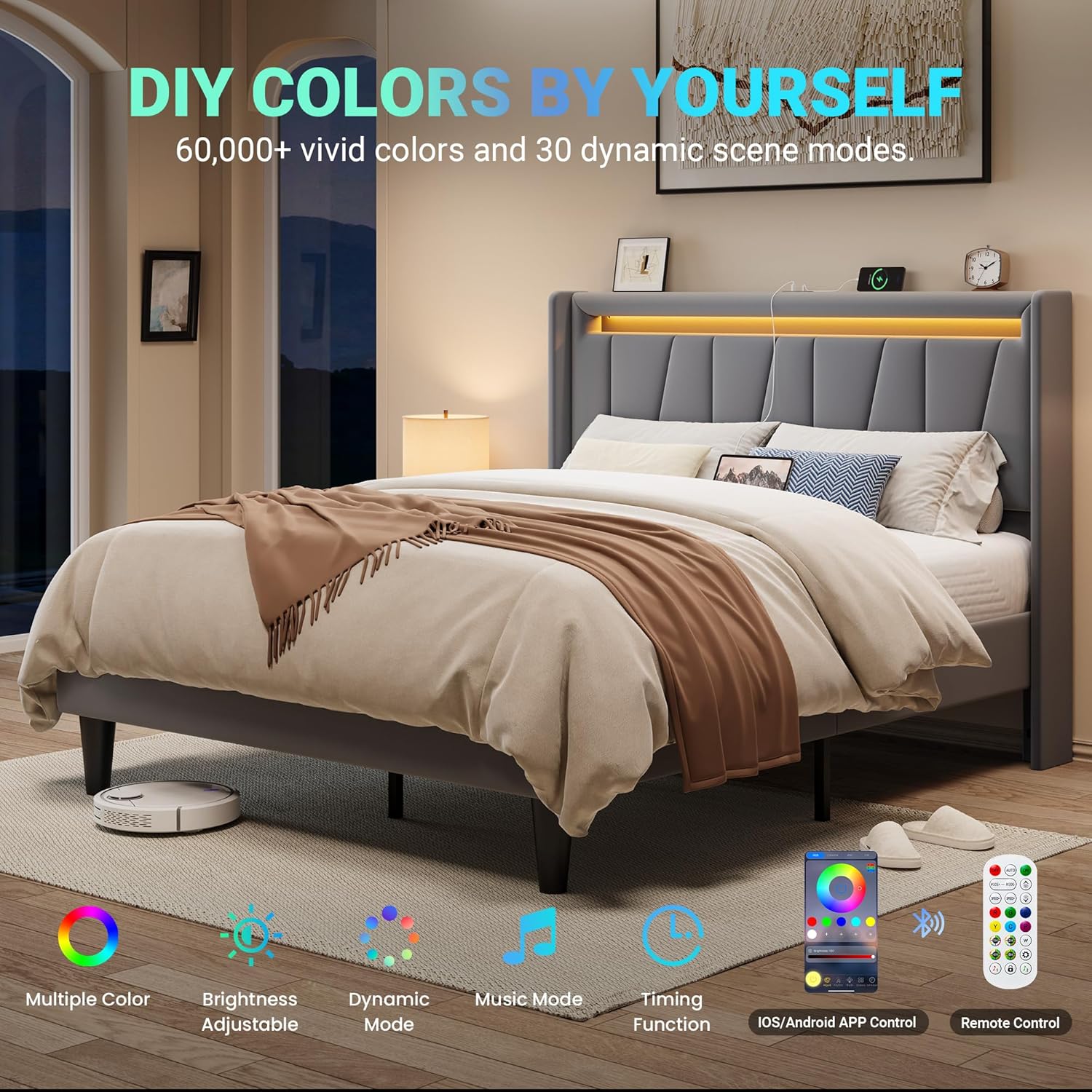 Allewie Queen Size LED Bed Frame with Charging Station, Velvet Upholstered Platform Bed with Geometric Wingback Headboard, Modern Frame with No Box Spring Needed, Easy Assembly, Grey