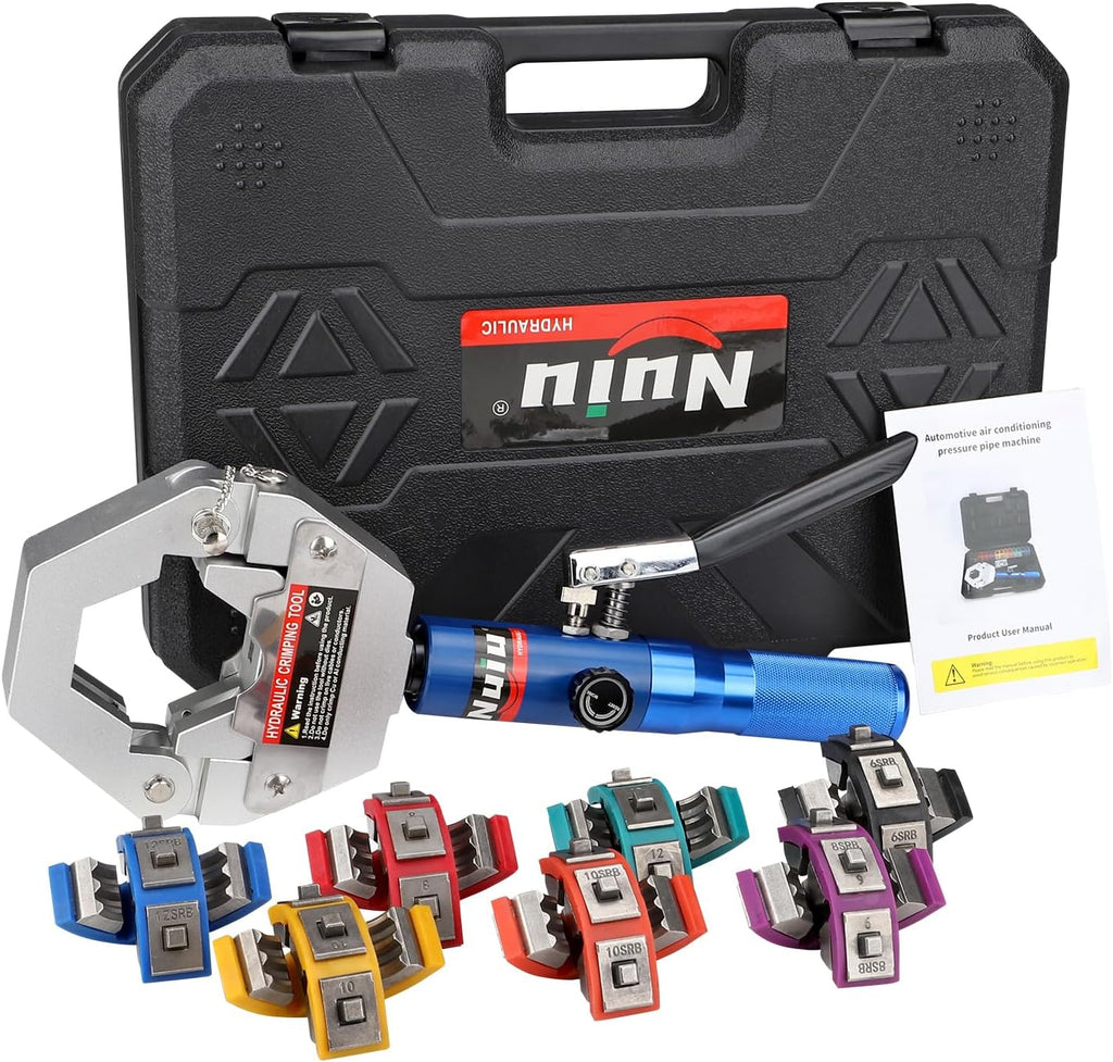 FS-7842A Hydraulic Hose Crimper Kit - 8T Handheld Crimping Tool w/Quick-Lock Dies, 7 Molds for Auto A/C, HVAC & Industrial Piping (3/8"-7/8")