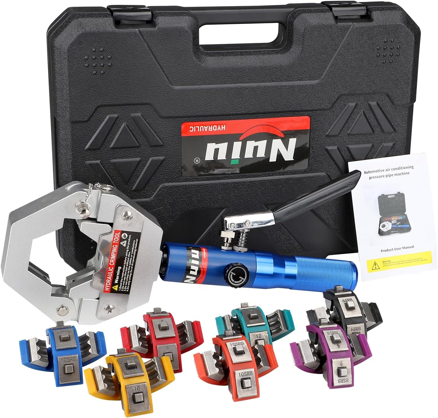 FS-7842A Hydraulic Hose Crimper Kit - 8T Handheld Crimping Tool w/Quick-Lock Dies, 7 Molds for Auto A/C, HVAC & Industrial Piping (3/8"-7/8")