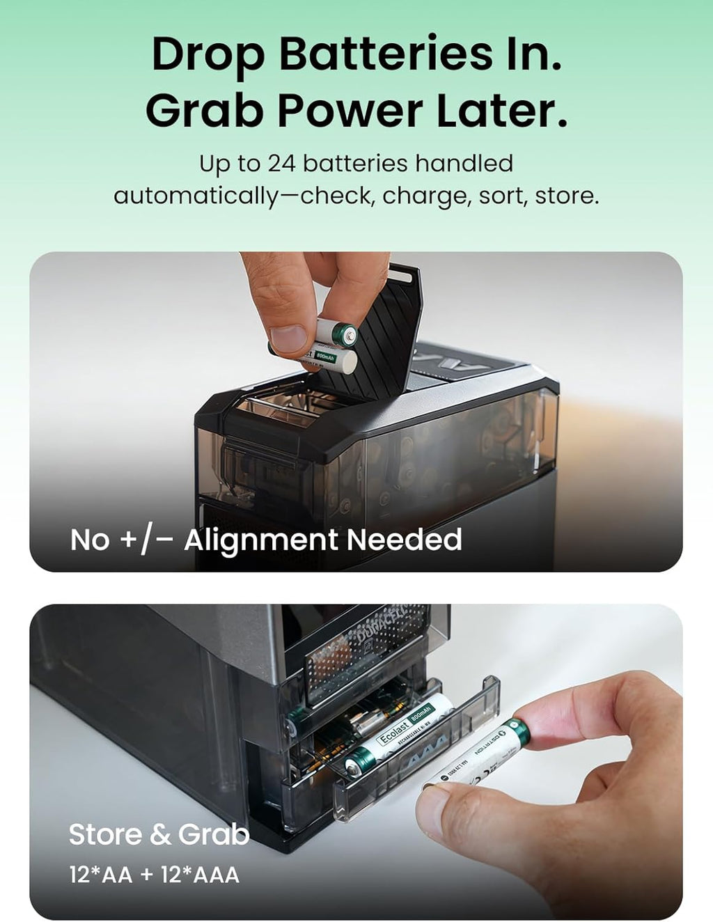 Ostation 2 AA AAA Rechargeable Battery Charger Charging Station, 3 in 1 Polarity-Free Charger Organizer for NiMH & Lithium, Auto-Sorts Good & Bad, App, Holds 24 Cells (w/12 AA Li-ion & 12 AAA NiMH)