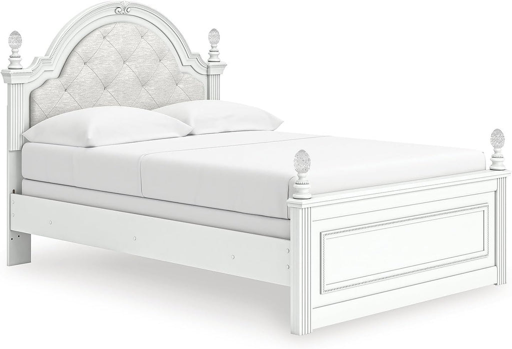 Signature Design by Ashley Maylilly Full Upholstered Panel Bedframe with LED Headboard Lights, Matte White Finish, Button‑Tufted Upholstery for Kids Bedroom