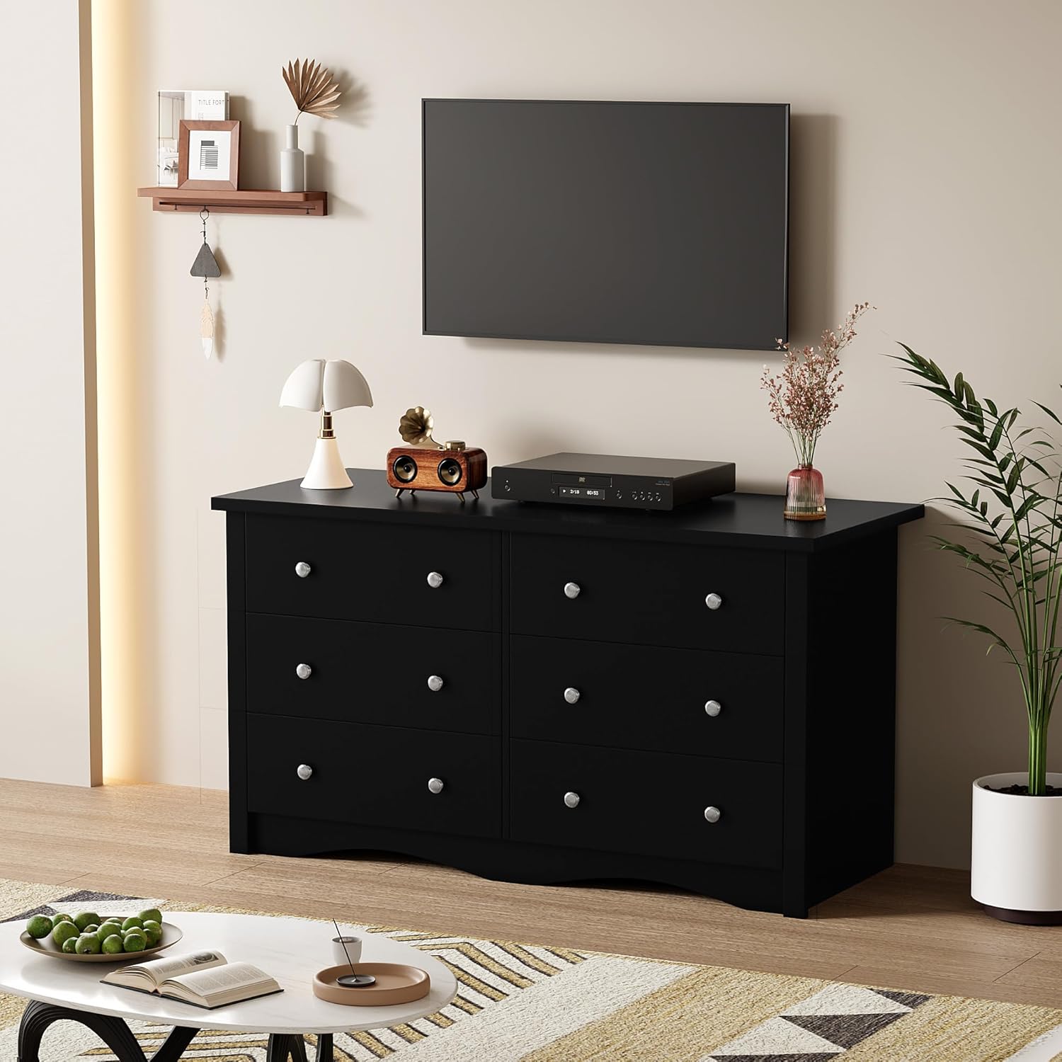 Shahoo Black Dresser for Bedroom with 6 Drawers, 47.2" Wide Chest Storage Organizer and TV Stand for Living Room, Closet, Hallway, Dormitory