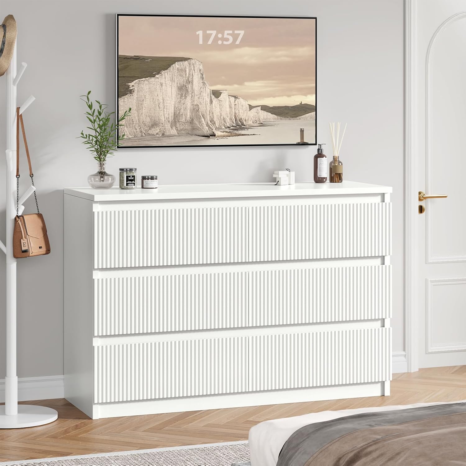 Jocoevol 6 Drawer Dresser, Fluted Dresser for Bedroom with Sleek Hidden Handles, Bedroom Dressers with Drawers, Wood Closet Clothes Storage Organizer for Bedroom, Pure White