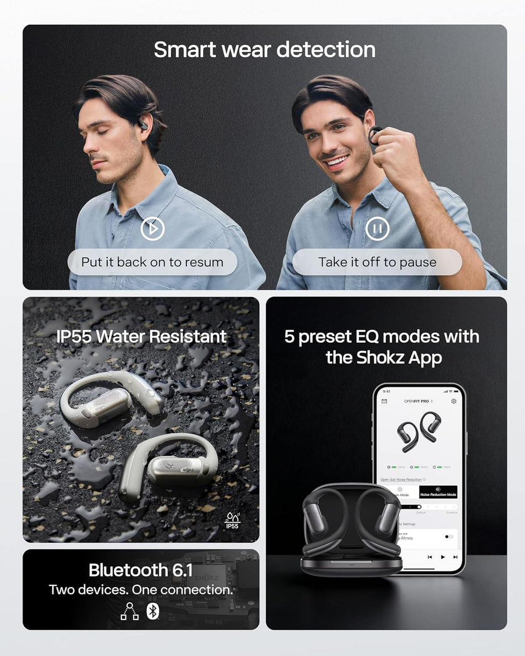 SHOKZ OpenFit Pro Open-Ear True Wireless Earbuds with Open-Ear Noise Reduction, Optimised for Dolby Atmos, Deep Bass, 50H Playtime, AI-Powered Clear Calls for Work, Sport, Bluetooth 6.1, IP55, Black