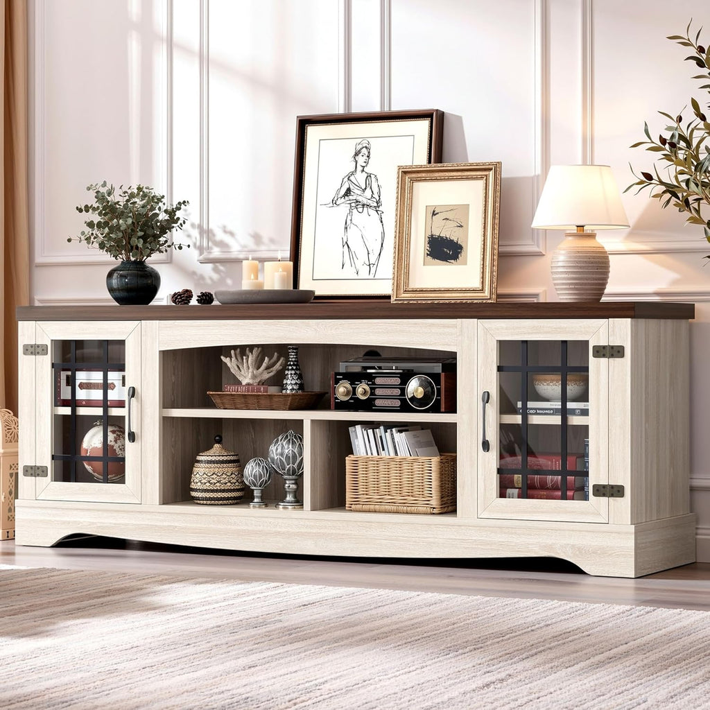 IRONCK Farmhouse TV Stand for 75 Inch TV, Rustic Entertainment Center with Storage Cabinets & Open Shelves, Grid Glass Doors, Media Console for Living Room, Bedroom(Light Oak & Walnut)