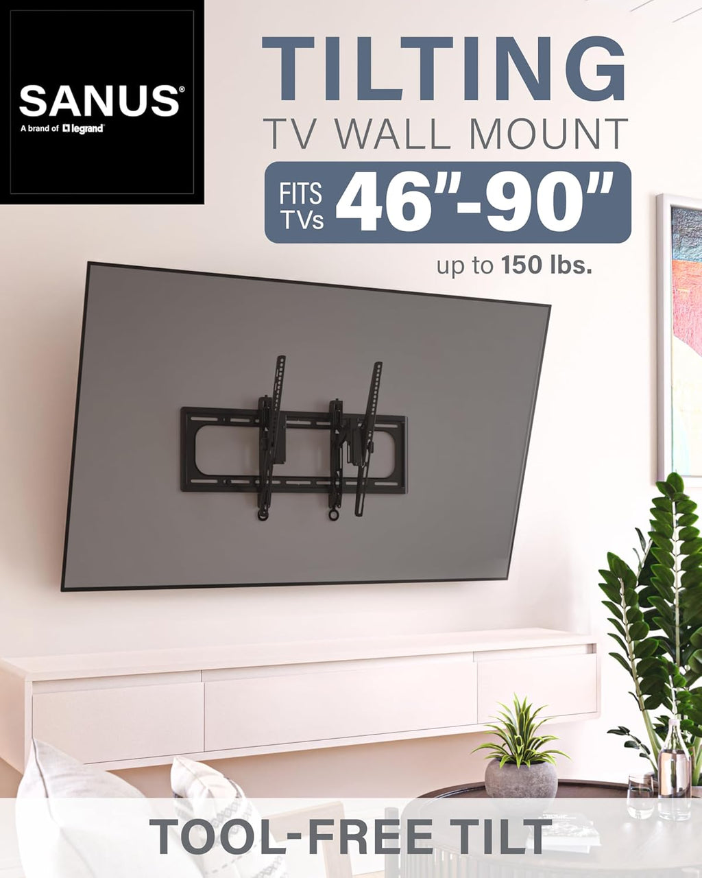 SANUS Tilting TV Wall Mount for 46" - 90” TVs or 150lbs - Premium Tilt Mount w/Universal Fit - Smooth 5.7" Extension Allows for Cable Management - Includes Hardware & Drill Template for Easy Install