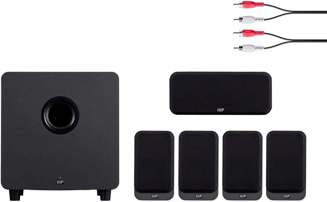 Monoprice HT-35 Premium 5.1-Channel Home Theater System - Charcoal, with Powered Subwoofer, Low Profile Speaker Grilles, Secure Mounting Option, Black (139357)