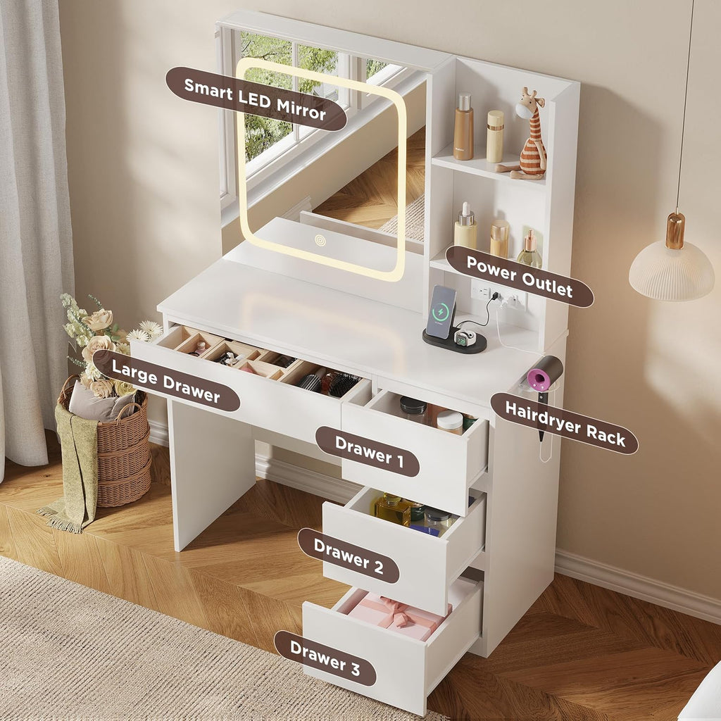 Vabches Make Up Vanity Desk with Charging Station, Vanity Set with Mirror and Stool and Lights,Dressing Table with 4 Drawers & Storage Shelves,37inch, White