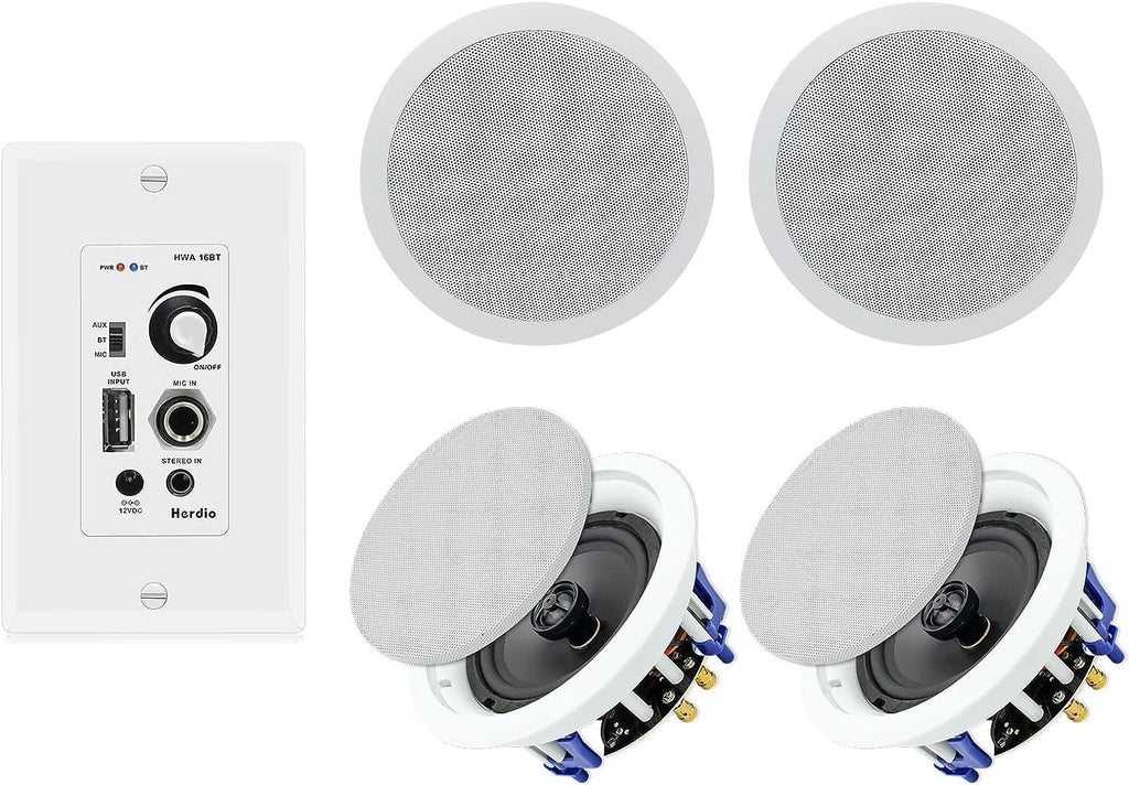 Herdio Home Audio Package in Wall Bluetooth Amplifier Volume Control Receiver Wall Plate with 6.5 Inch 640W Ceiling Speakers(2 Pairs)