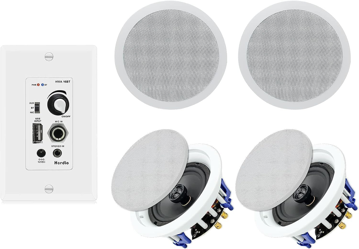Herdio Home Audio Package in Wall Bluetooth Amplifier Volume Control Receiver Wall Plate with 6.5 Inch 640W Ceiling Speakers(2 Pairs)
