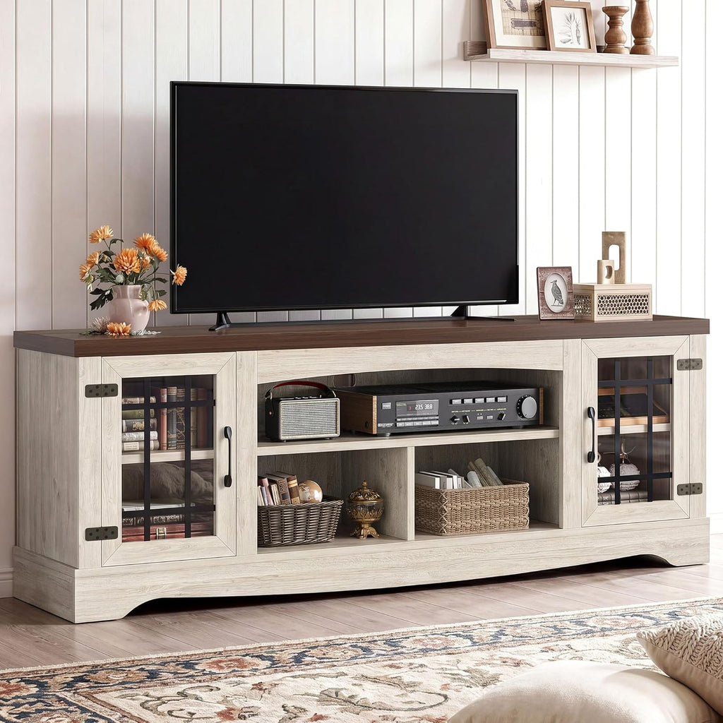 IRONCK Farmhouse TV Stand for 75 Inch TV, Rustic Entertainment Center with Storage Cabinets & Open Shelves, Grid Glass Doors, Media Console for Living Room, Bedroom(Light Oak & Walnut)