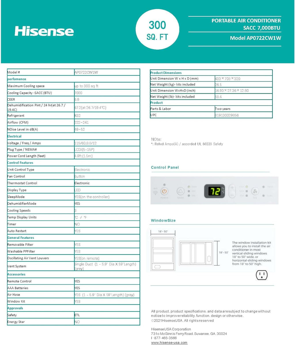 Hisense 7000-BTU DOE (115-Volt) White Vented Wi-Fi enabled Portable Air Conditioner 3 modes (Cooling, Fan, Dehumidifier), Remote, Noise level 49 dB, Cools 300-sq ft - AP0722CW1W (Renewed)