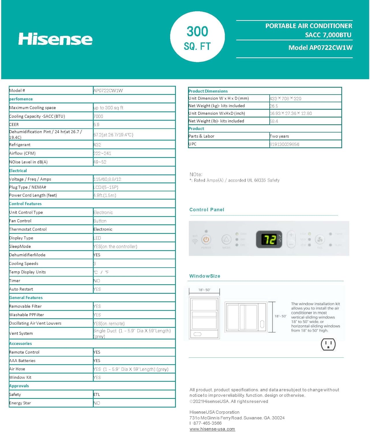 Hisense 7000-BTU DOE (115-Volt) White Vented Wi-Fi enabled Portable Air Conditioner 3 modes (Cooling, Fan, Dehumidifier), Remote, Noise level 49 dB, Cools 300-sq ft - AP0722CW1W (Renewed)