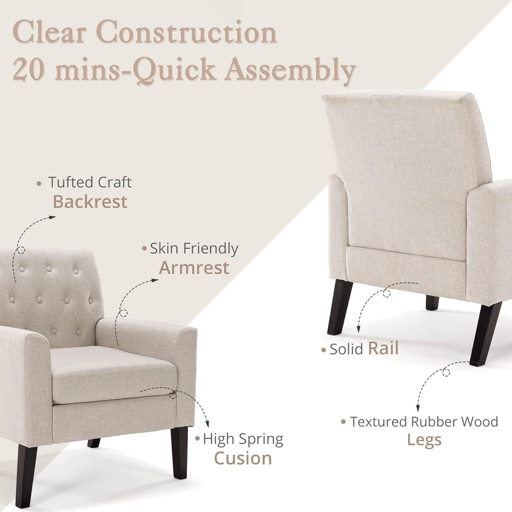 LUE BONA Linen Accent Chairs Set of 2 18.5" H, Comfy Living Room Chair with Arms, Upholstered Button Tufted Armchair, Modern Arm Chairs for Small Space, Living Room, Bedroom, Linen Color