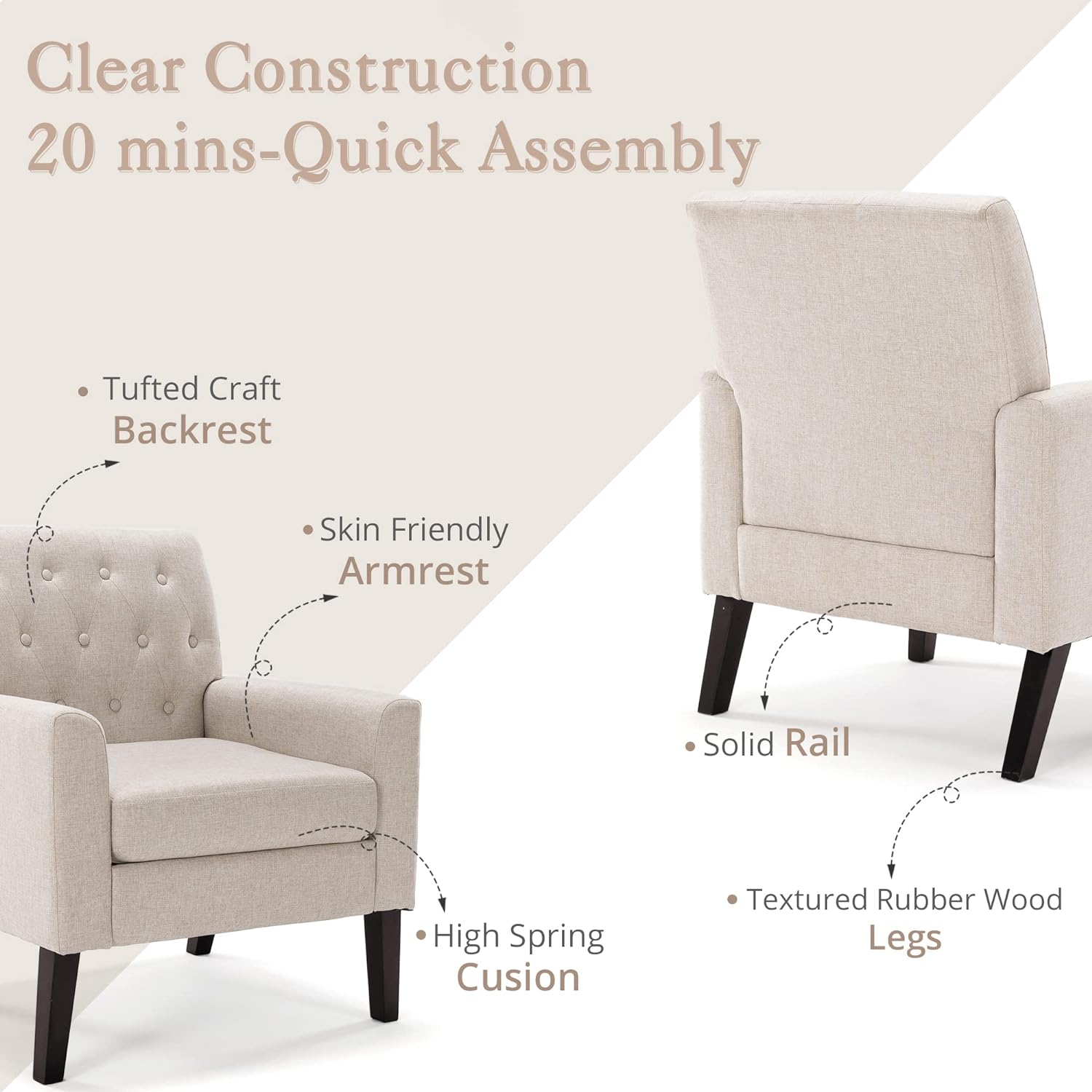 LUE BONA Linen Accent Chairs Set of 2 18.5" H, Comfy Living Room Chair with Arms, Upholstered Button Tufted Armchair, Modern Arm Chairs for Small Space, Living Room, Bedroom, Linen Color