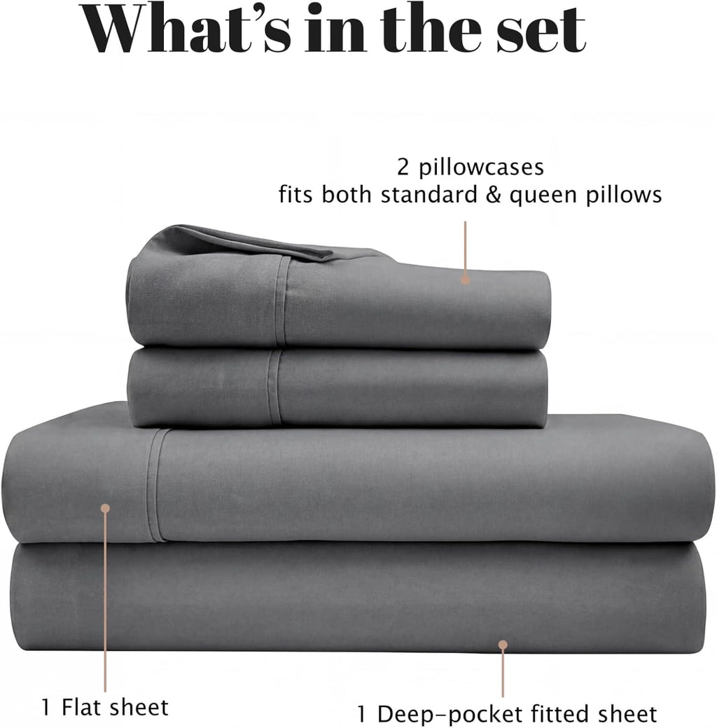 Superior Cotton Blend 800 Thread Count Sheet Set, Bedding Basics, Bedroom Essentials, Includes 1 Fully Elastic Deep Pocket Fitted Sheet, 1 Flat Sheet, 2 Pillowcases, Full, Grey