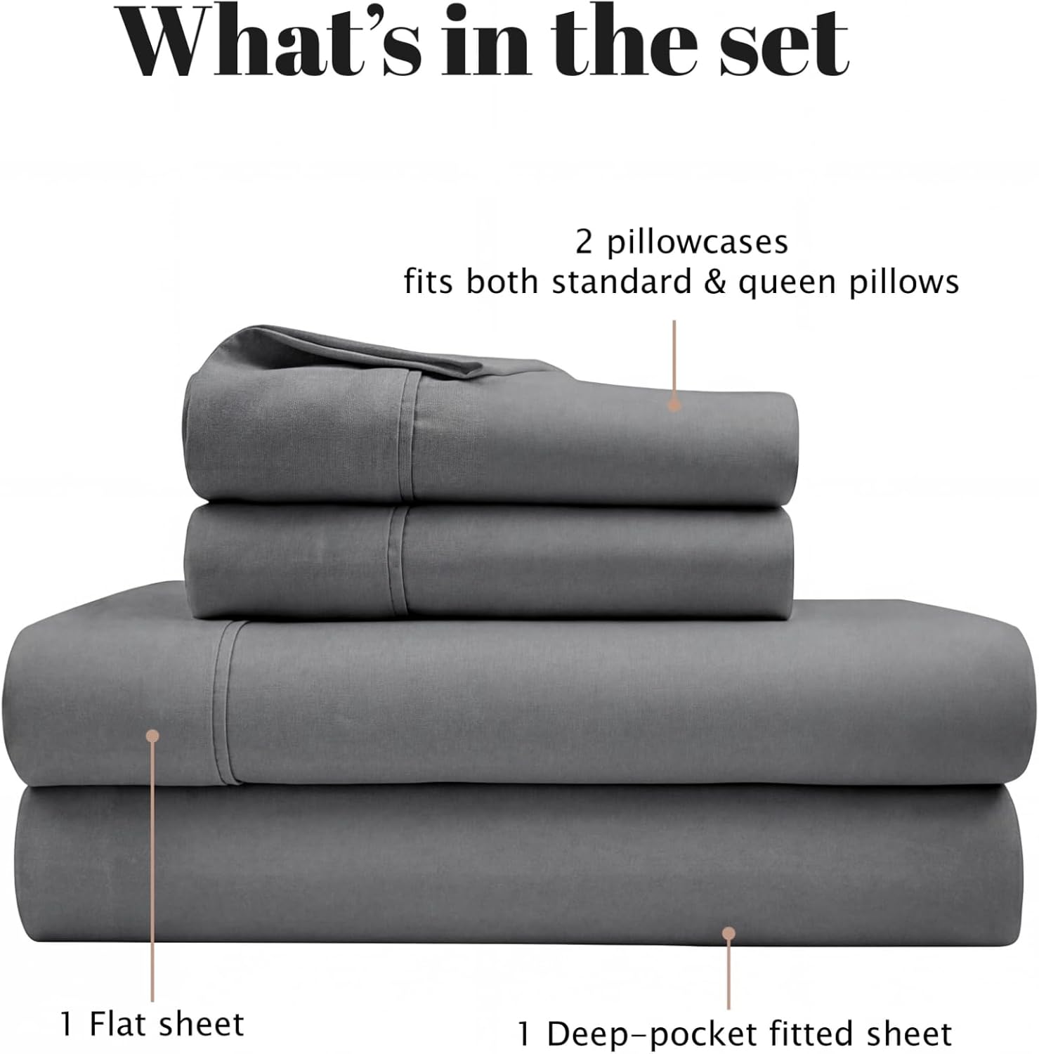 Superior Cotton Blend 800 Thread Count Sheet Set, Bedding Basics, Bedroom Essentials, Includes 1 Fully Elastic Deep Pocket Fitted Sheet, 1 Flat Sheet, 2 Pillowcases, Full, Grey