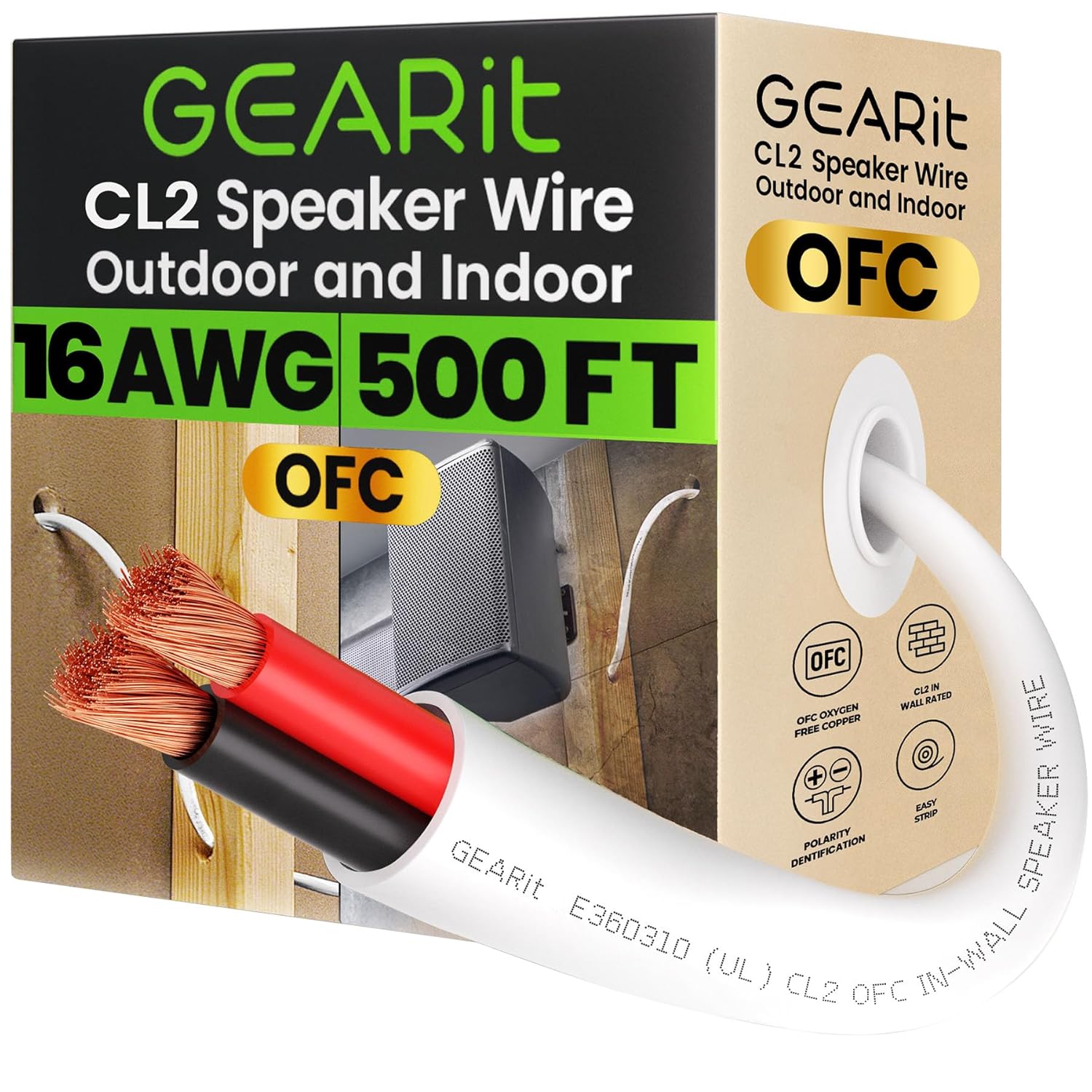 GEARit Speaker Wire 16 Gauge 500 ft, OFC Speaker Cable UL CL2 Rated, 16 AWG Copper Wire with Red/Black Color Coded, Audio Cable for in-Wall Home Theater, School, Church & Commercial Audio(White)