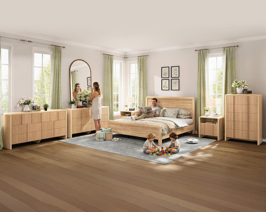 AMERLIFE 4-Piece Modern Fluted Bedroom Furniture Set, Including Wood Queen Size Bed Frame with Headboard & Footboard, 5 Drawer Tall Dresser, Storage Night Stand Set of 2, Natural Oak