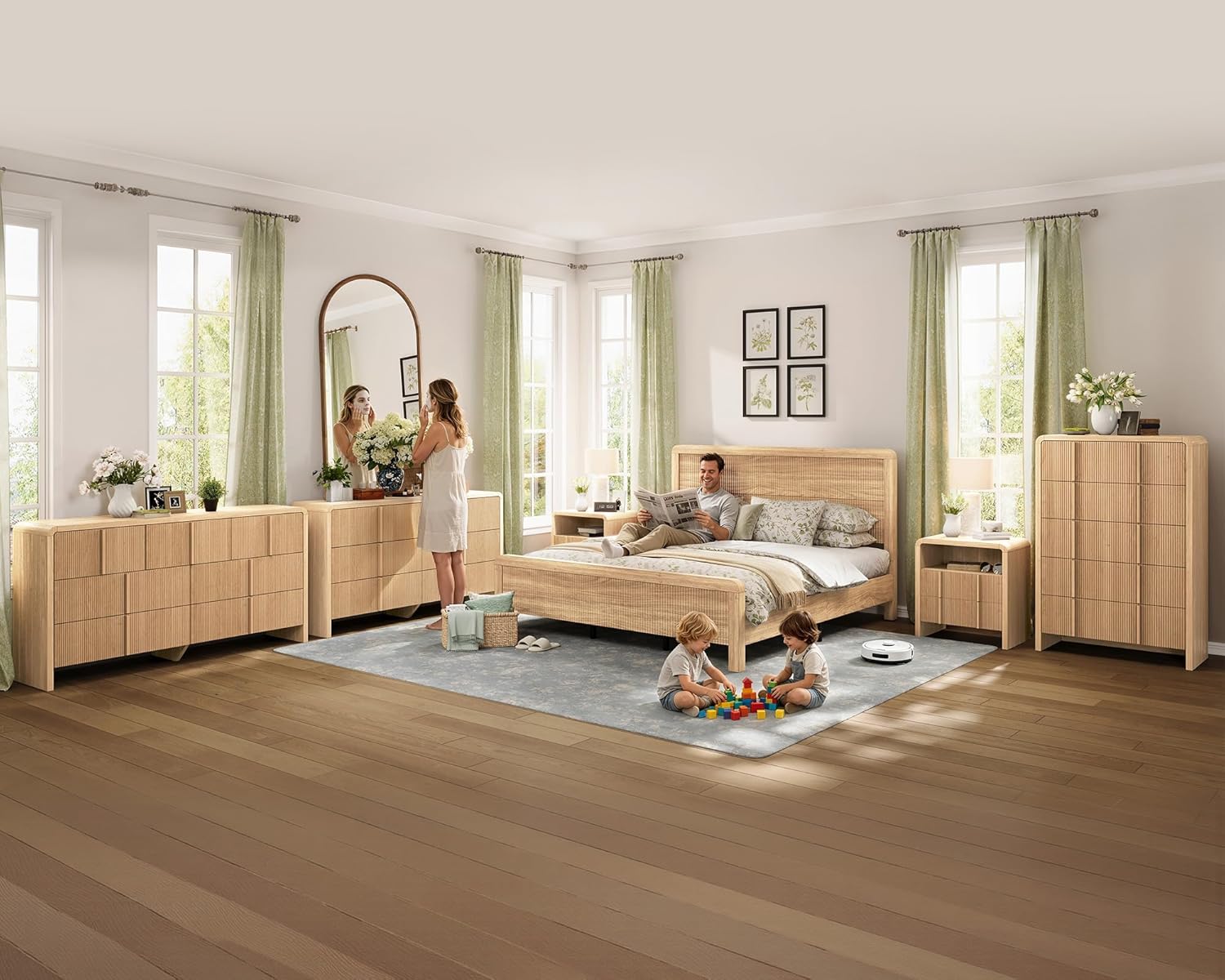 AMERLIFE 4-Piece Modern Fluted Bedroom Furniture Set, Including Wood Queen Size Bed Frame with Headboard & Footboard, 5 Drawer Tall Dresser, Storage Night Stand Set of 2, Natural Oak